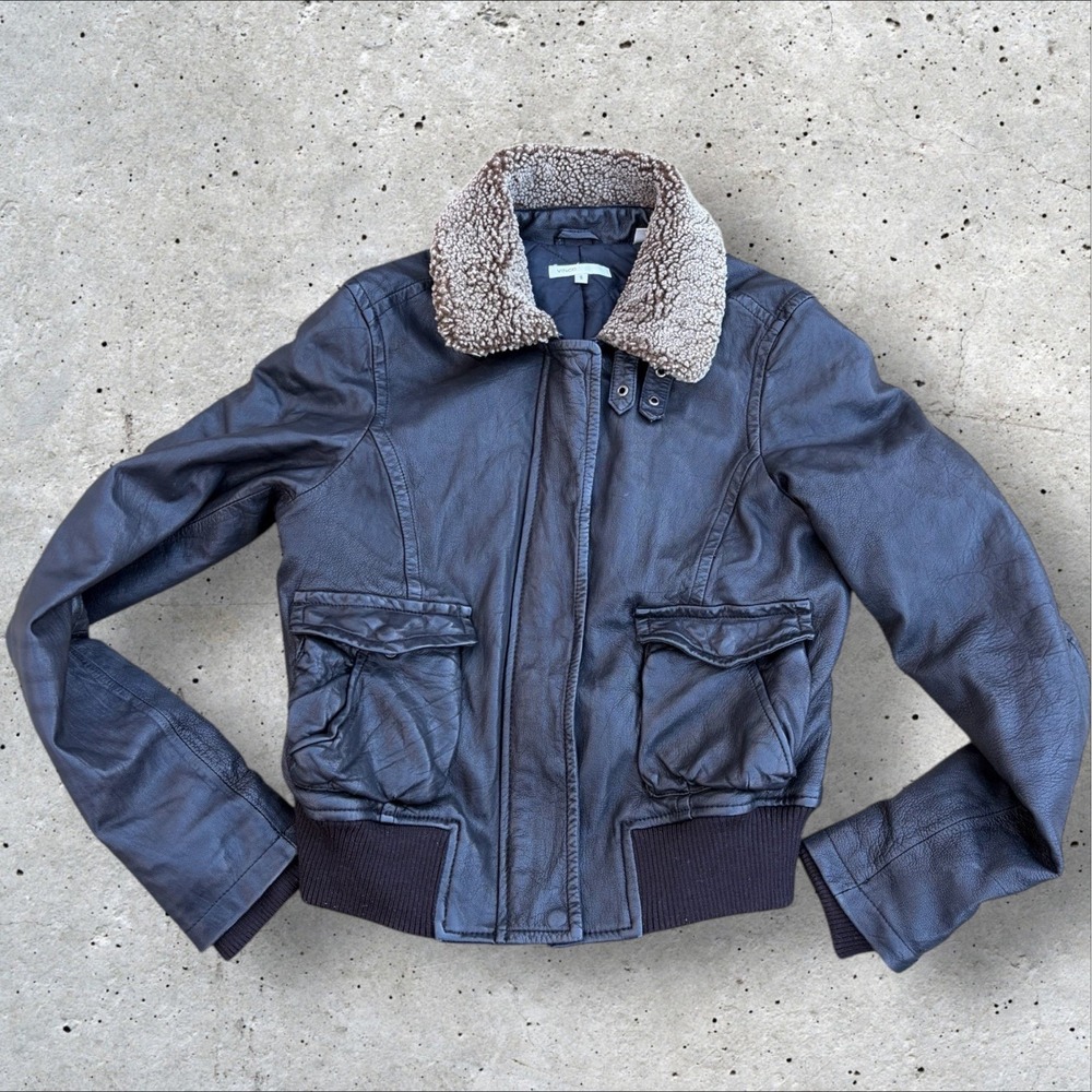 Vince Dark Brown Bomber Jacket with Shearling Collar